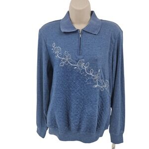 Grandmacore Sweater‎ Women S Blue Floral Embroidered 1/4 Zip Collared Knit Cozy